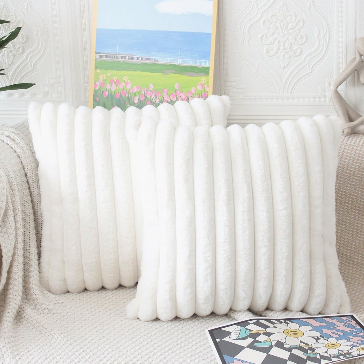 Crèmewitte Kussenhoes 45x45 Set Van 2 Pluizige Pluche Decoratieve Kussenhoezen Zacht Gestreept Bont Kussenhoes Decoratief Kussen Luxe Bankkussen Decoratieve Kussenhoezen Woonkamerbank