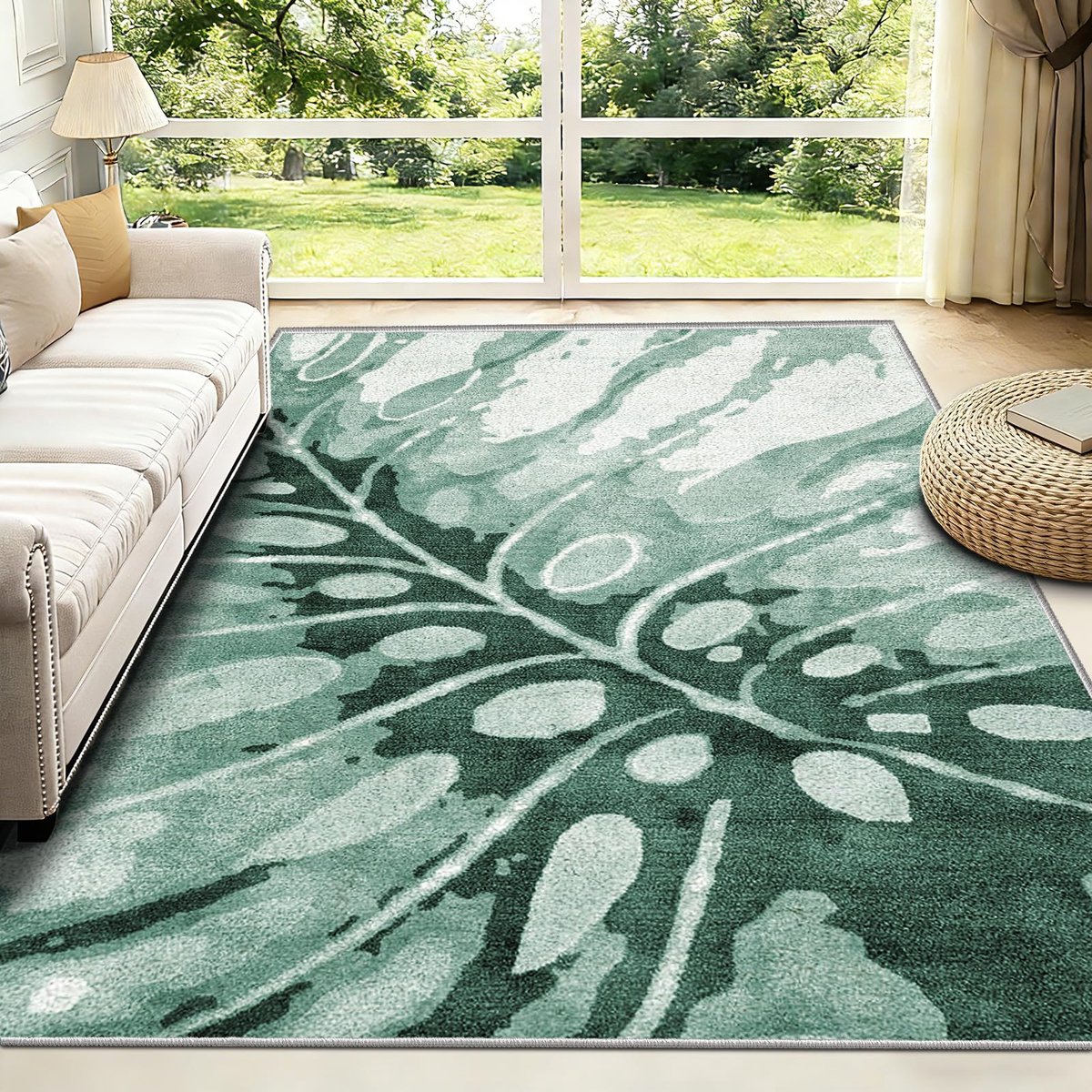 Vloerkleed voor meisjeskamer met botanische print, groen tapijt voor slaapkamer, woonkamer, eetkamer, kantoor, hal, nachtkastje, groen