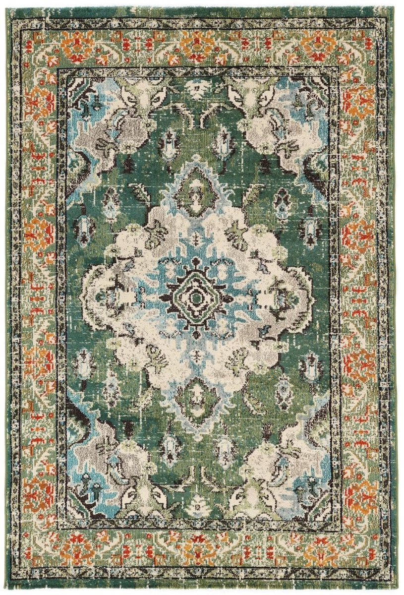 Vloerkleed, Vintage, 160 x 230 cm, Rechthoekig, Middelpolig, Woonkamer, Eetkamer, Slaapkamer, Keuken, Alleen chemisch reinigen, Groen