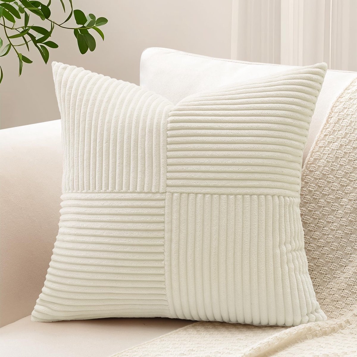 Kussenhoes 40 x 40 cm, zacht, corduroy gestreept kruis patchwork, getextureerde kussenhoezen, effen, vierkante kussenslopen voor bank bed terras, 16x16 inch, crèmewit