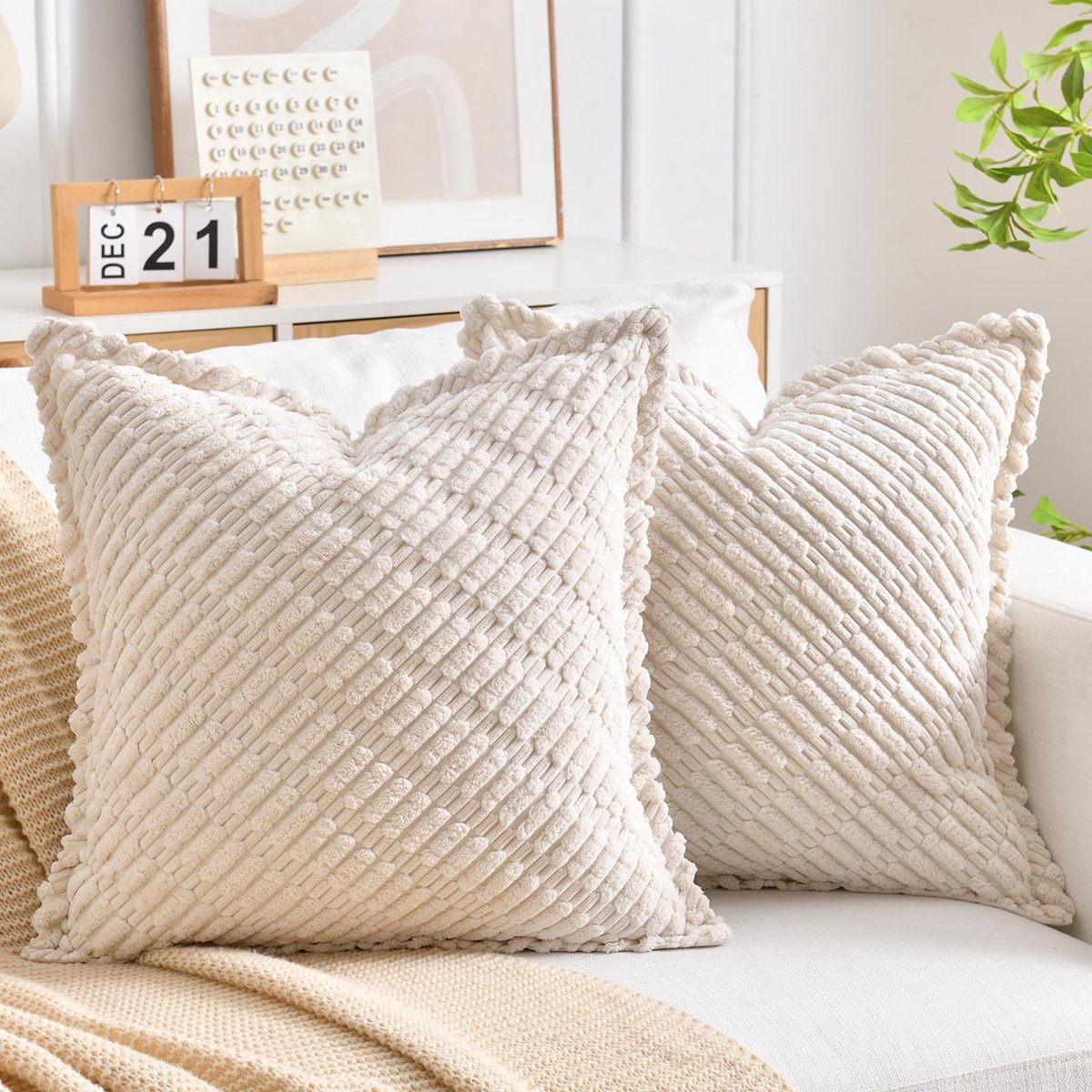 Set van 2 decoratieve kussenslopen van corduroy, crèmewit, superzacht, decoratie voor huis, woonkamer, slaapkamer, voor bank, 50 x 50 cm