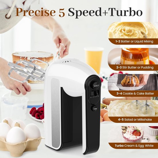 Elektrische handmixer - Keukenmixer - Bakken en koken - 5 snelheden met turbo - 800 Watt - Wit — afbeelding 2