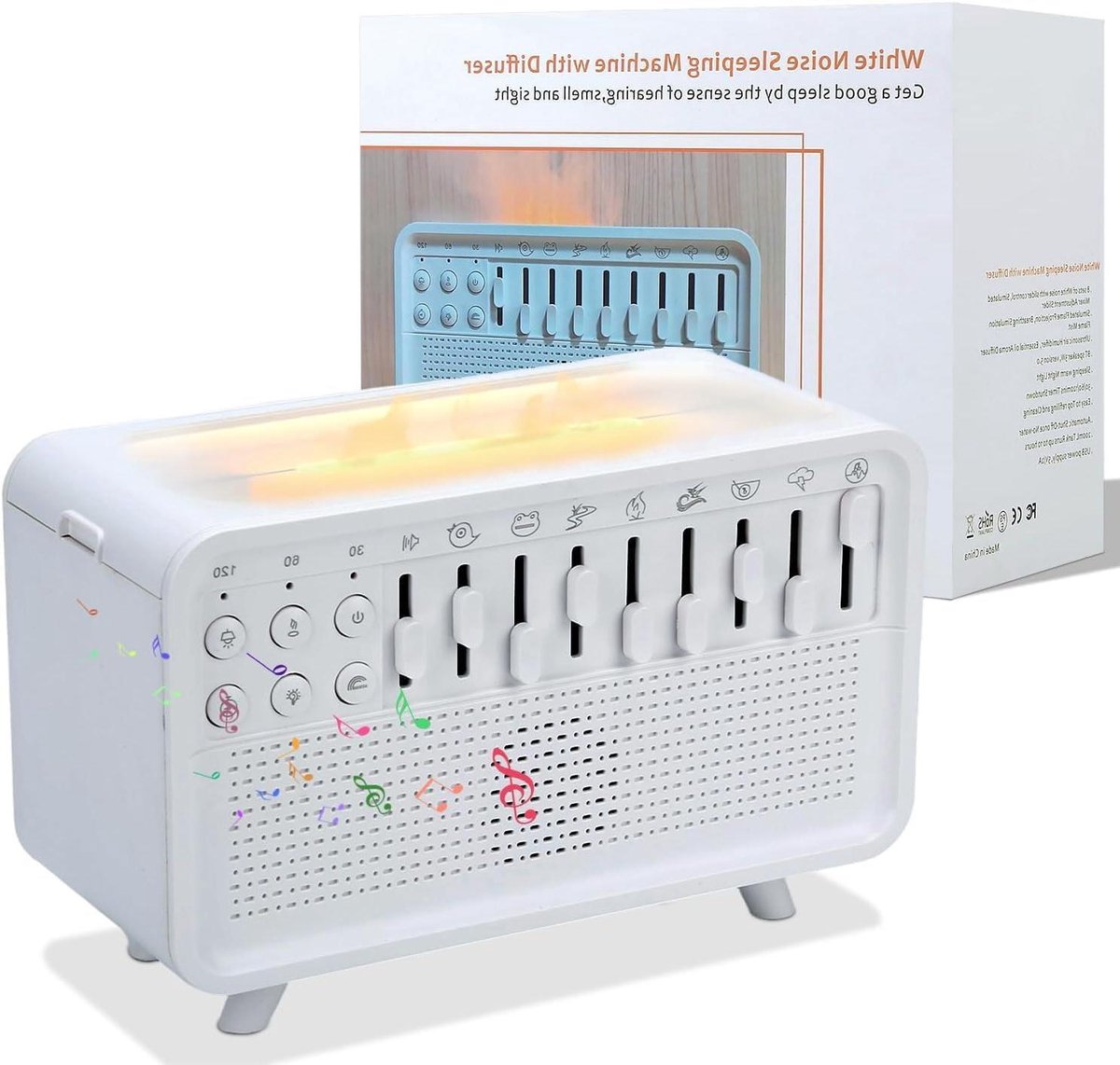 Luchtbevochtiger met Witte Ruis - Aromadiffuser Geluidsmachine - Ontspannen Slapen - 8 Natuurgeluiden - 150 ml Tank - Wit
