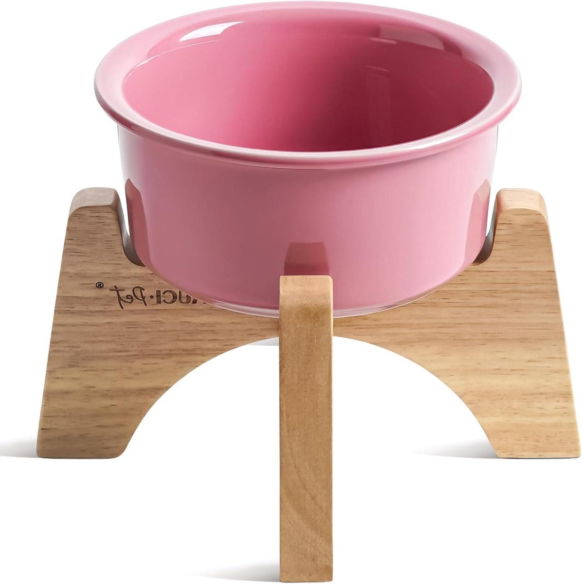 Verhoogde Hondenschaal - Voerbak Stand - Comfortabel Eten - Keramiek met Houten Stand - 16.5 cm Diameter - Roze