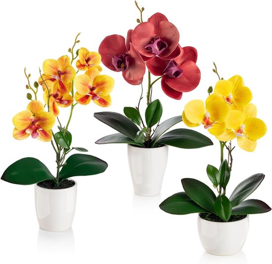 Kunstbloemen in pot - Kunstorchideeën set - Woonkamer decoreren - Hoogglans keramische potten - 35 cm - Rood oranje geel