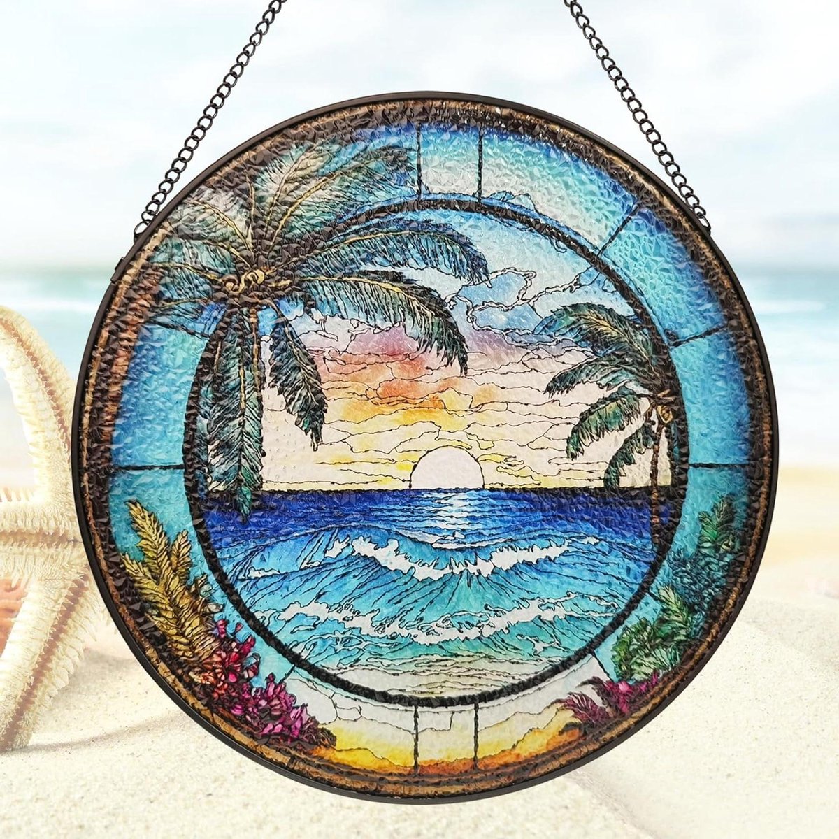 Glas in lood Suncatcher - Raamdecoratie Zeegezicht - Woonkamer Decoreren - Handgemaakt Glas-in-lood - 25 cm Diameter - Blauw