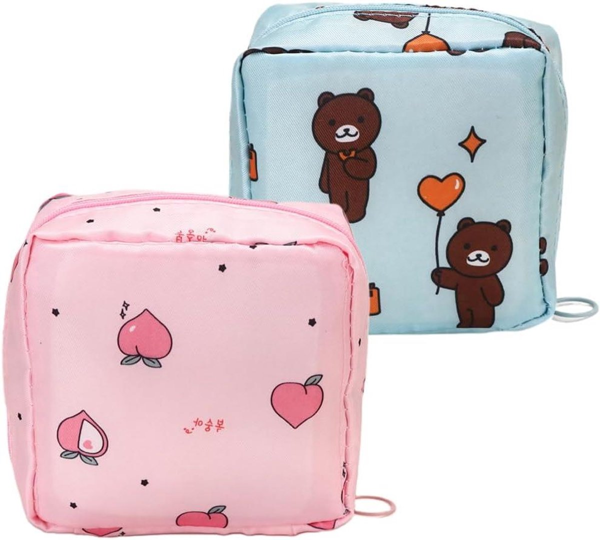 Maandverband Tasjes - Menstruatie Organizer - Persoonlijke Hygiëne - Waterdicht Polyester Materiaal - 16 Maandverbanden - Blauw Roze
