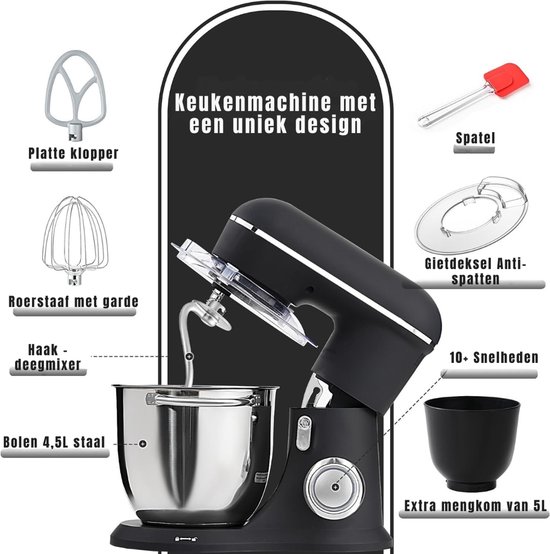 KAD® Deegmachine - Elektrische Deegmixer - Keukenmixer - Zwart - 35cm x 33cm x 22cm van Kad — afbeelding 3