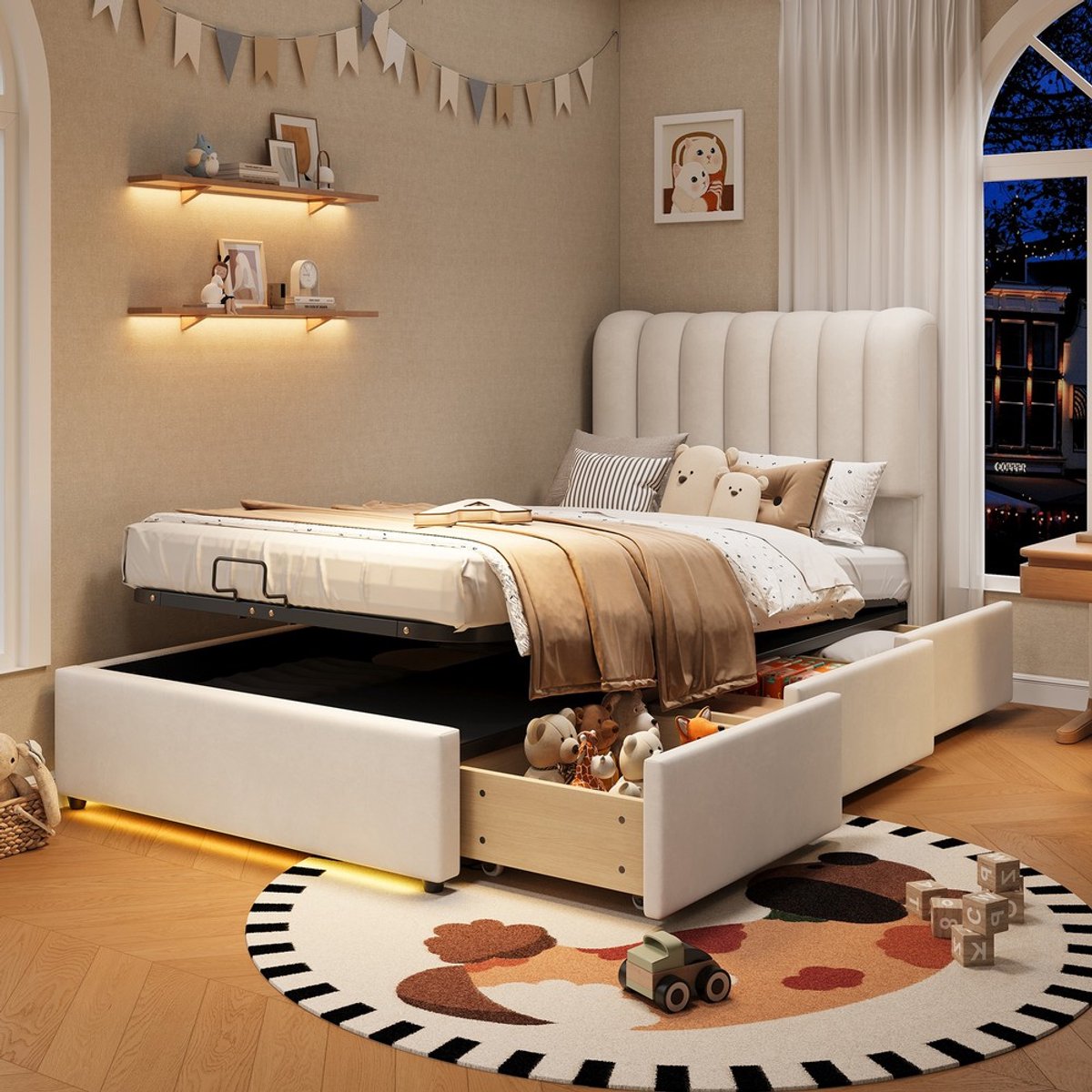 KOMHTOM Kinderbed - Gestoffeerd - Opbergruimte - 3 Lades - LED Verlichting - Hydraulische Opklapbed - Fluweel Beige - Jeugdbed - 90x200 cm