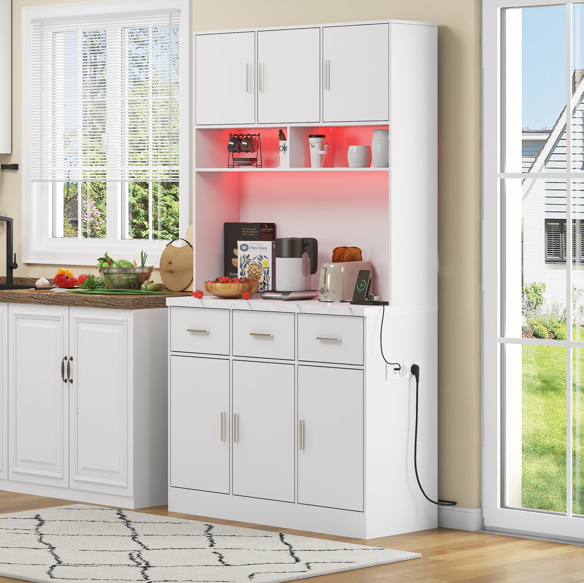 HAUSS SPOLE Keukenkast - Ledverlichting Met Appbediening En Stopcontact - 6 Deuren En 3 Lades Voor Keuken En Eetkamer - MDF - 100x40x180 Cm - Wit