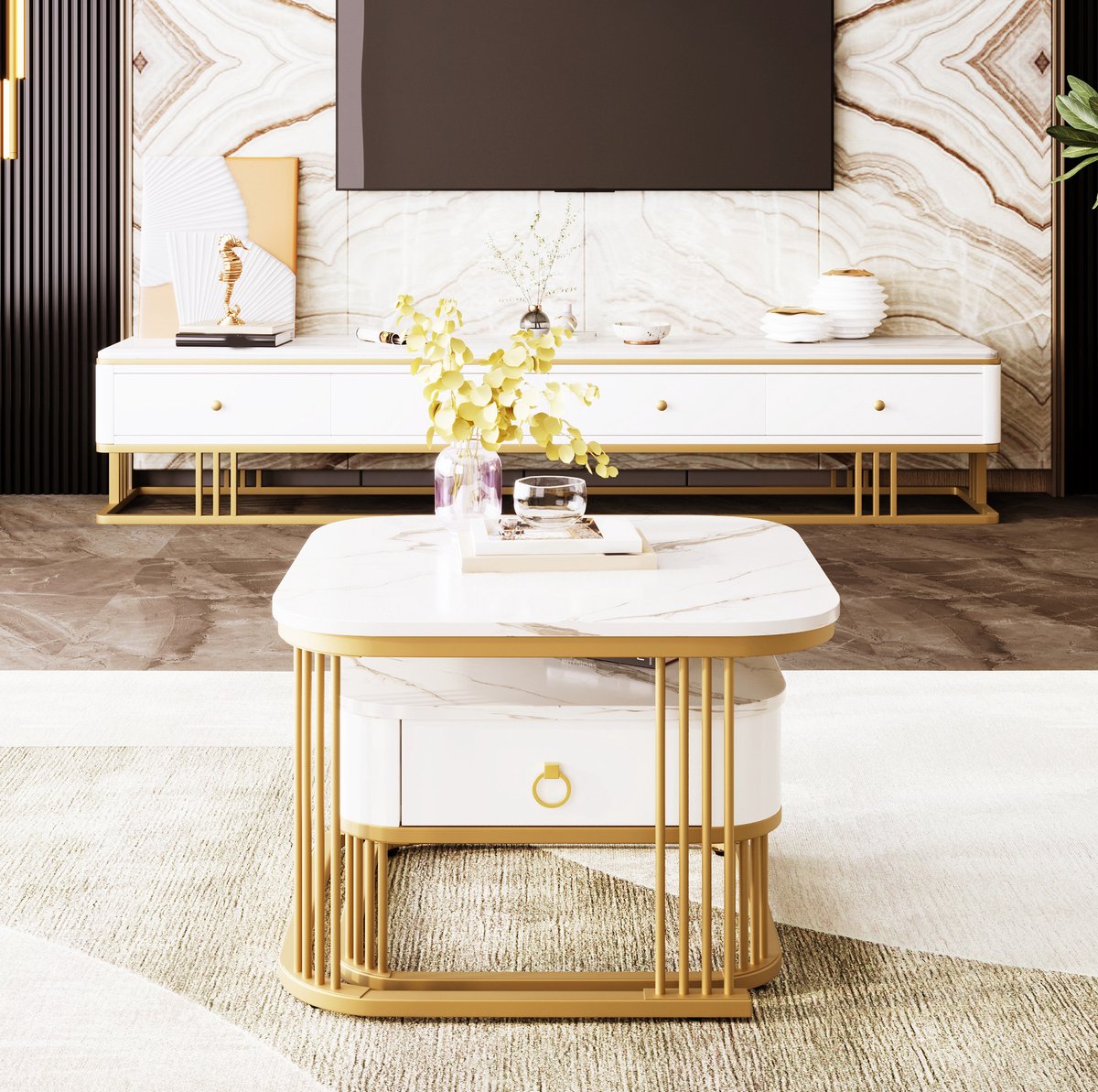 HAUSS SPOLE Salontafel - Set Van 2 Met Lade En Hoogglans Marmerlook - Voor Woonkamer En Flexibel Gebruik - MDF - 60x60x45 Cm - Wit Goud