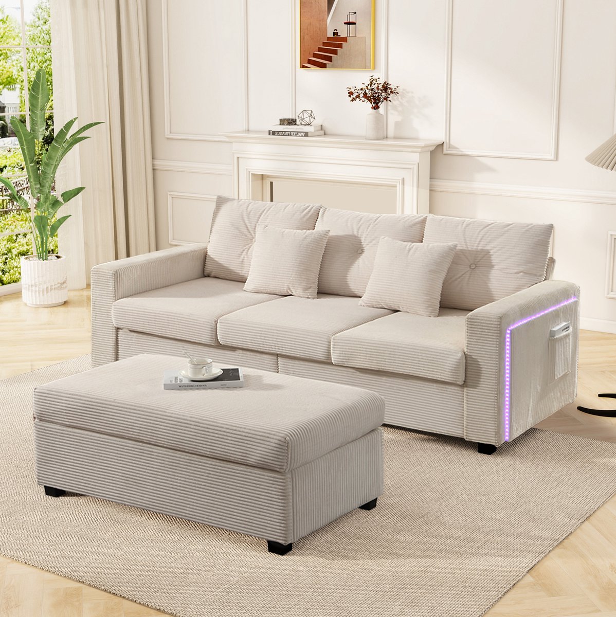 FloraGrace Hoekbank 184 x 84,5 x 85,5 cm - 3-Zits Met Ottoman En Ledverlichting - Voor Woonkamer - Cordstof En Schuim - Beige