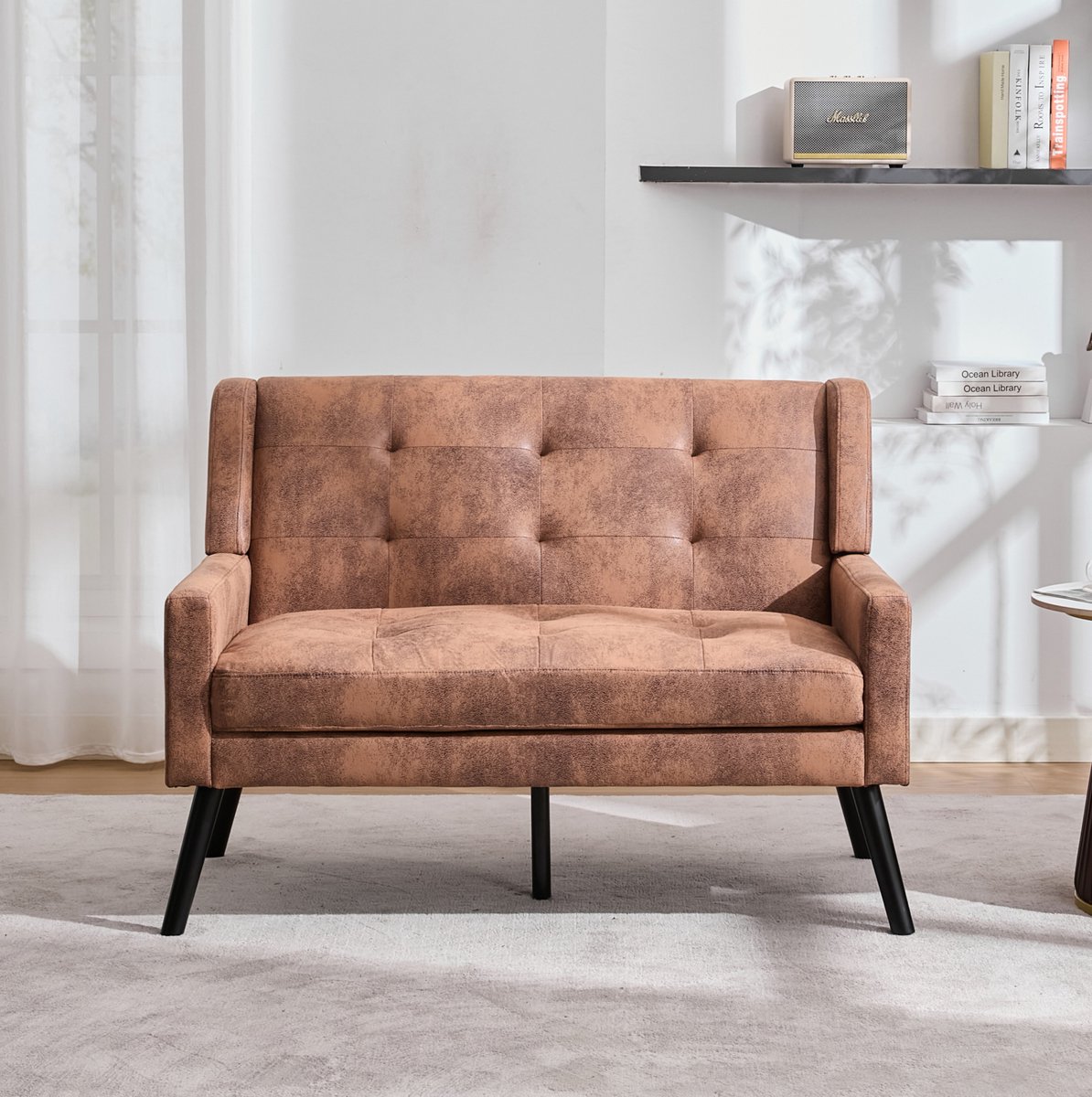 FloraGrace Zitbank 119 Cm – 2-Zits Met Gecapitonneerde Bekleding, Schuimkussens En Massief Houten Poten – Voor Woonkamer Of Kantoor – Koffiebruin