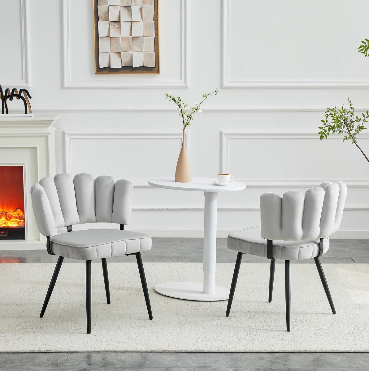 DESMIU Eetkamerstoel 80 Cm - Set Van 2 - Bloemvormige Rugleuning En Zachte Fluwelen Bekleding - Voor Eetkamer En Woonkamer - Lichtgrijs