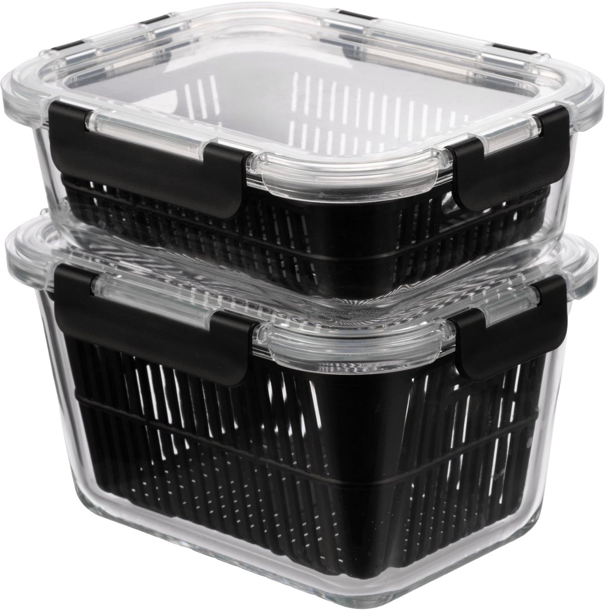 KUUKA Glazen bewaardozen met siliconen deksel & zeefinsert – 1050 ml + 1800 ml voedselcontainers van borosilicaatglas, luchtdicht & lekvrij, vaatwasser- & magnetronbestendig, ideaal voor meal prep