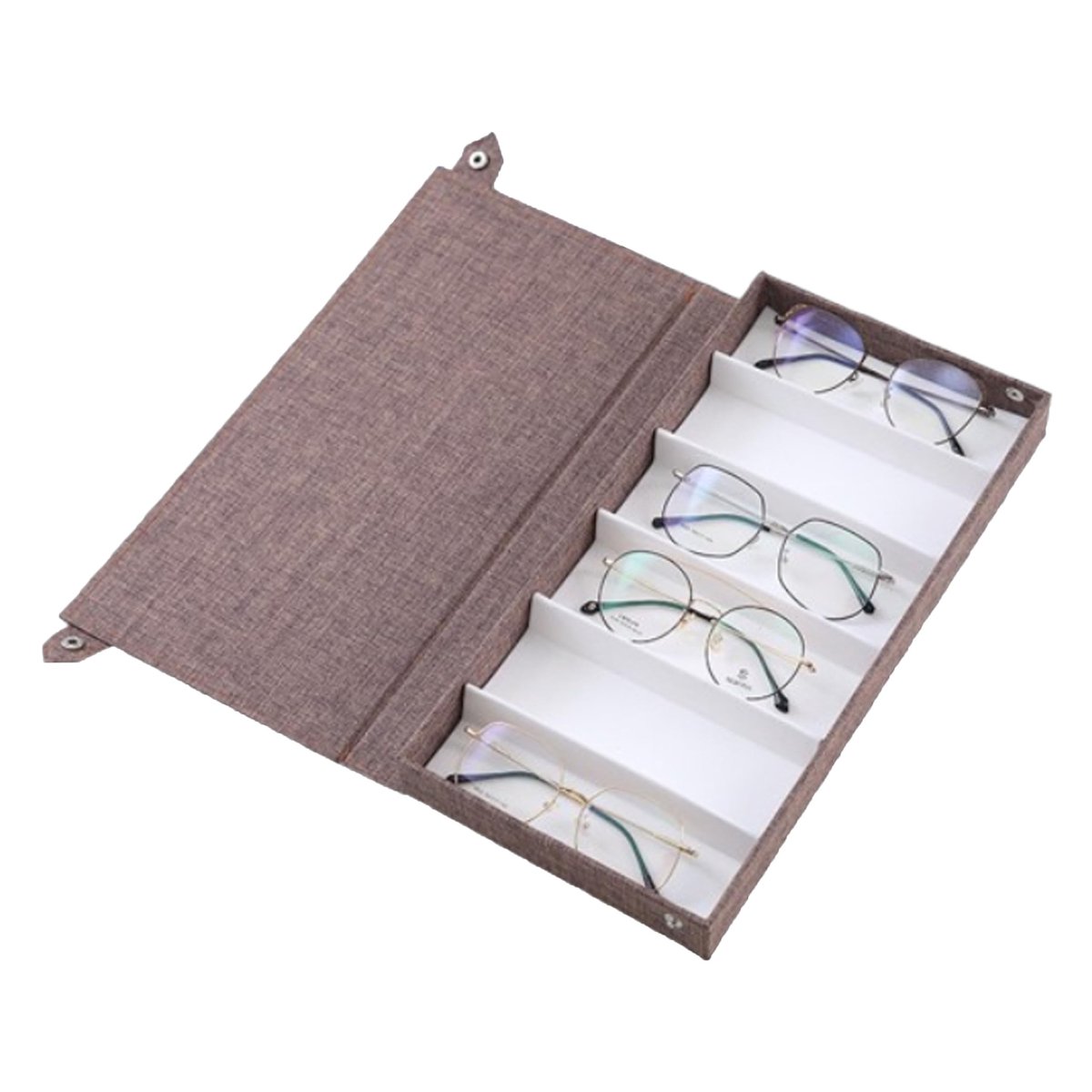 URMONA Brillenbox met 6 Vakken, Opbergdoos voor Zonnebrillen en Accessoires, Flip Top Ontwerp met Drukknopen, Brillen Organizer 38 x 17 x 4 cm (Koffie)