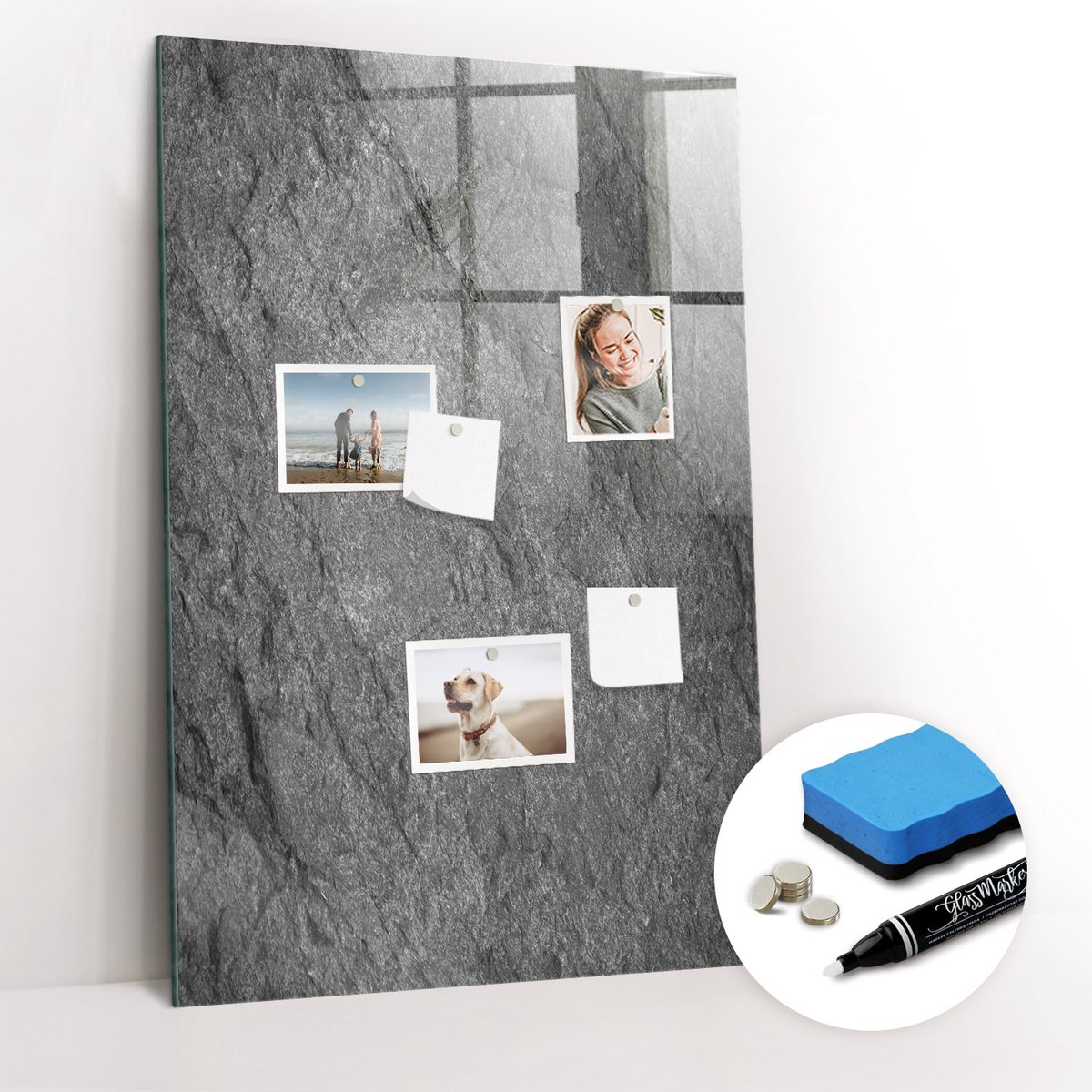 Tulup Whitebord - Rotsstructuur - 60 x 90 cm - Zwart Memobord Glas - Gratis 5 Sterke Magneten + Whiteboard Marker & Wisser - Industrieel Wandbord - Magneetbord Design - Productiviteit Tools