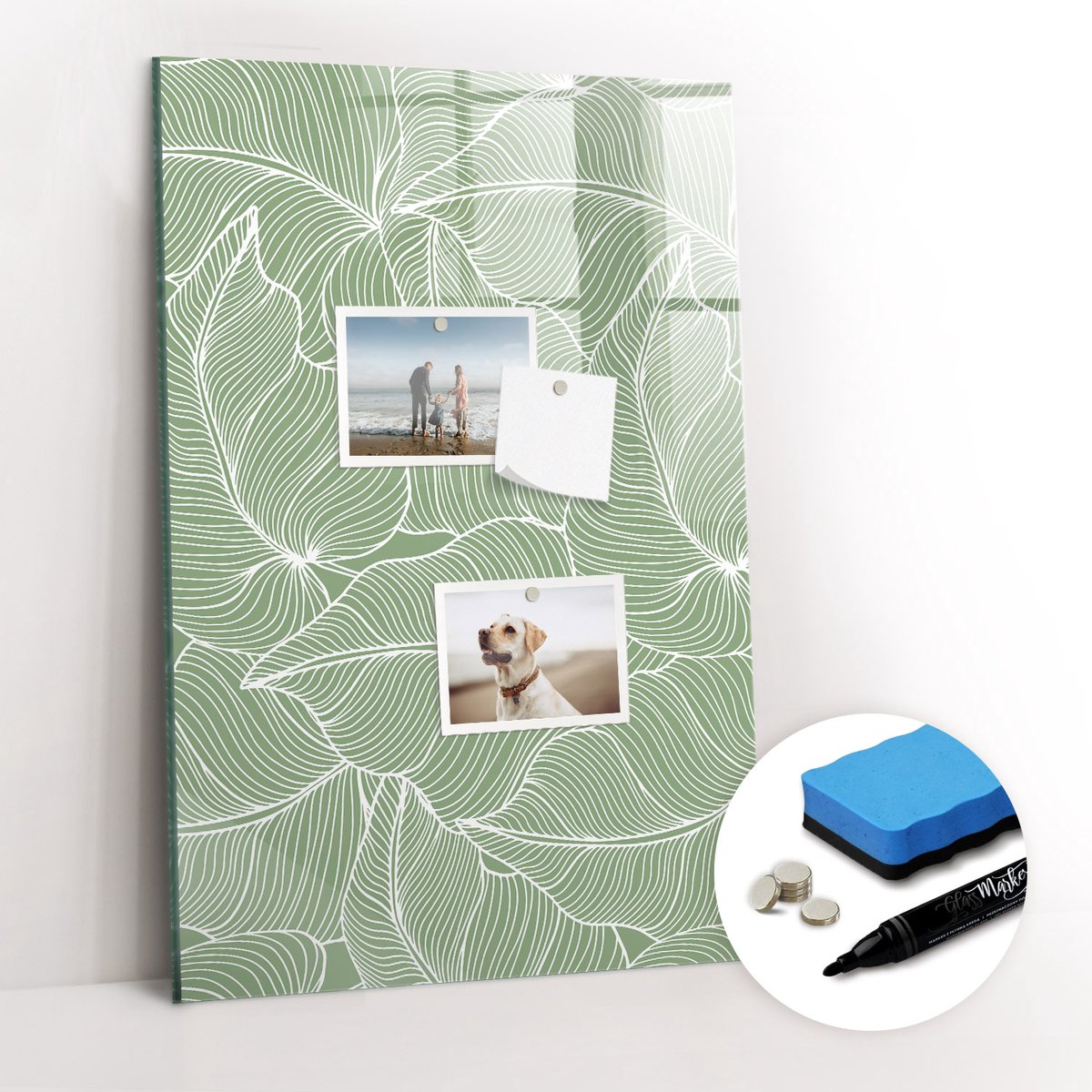Tulup Whitebord - Patroon met grote bladeren - 40 x 60 cm - Groente Memobord Keuken - Gratis 5 Sterke Magneten + Whiteboard Marker & Wisser - Minimalistisch Prikbord - Foto Magneetbord - Organiseer Je Bureau