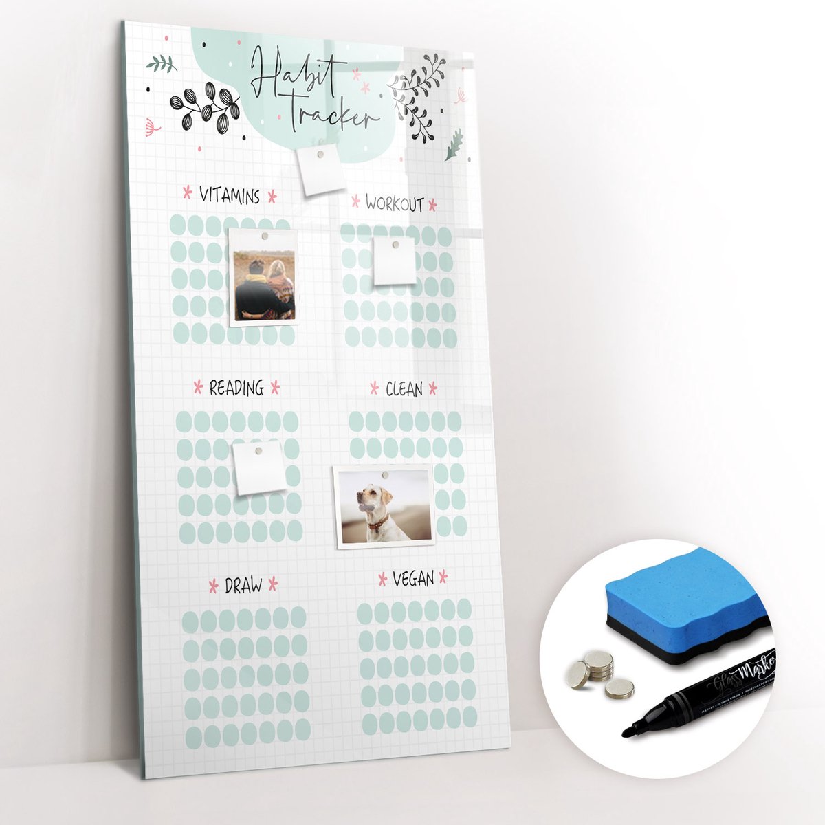 Tulup Whitebord - Gewoonteplanner - 60 x 120 cm - Groente Magnetic Board - Gratis 5 Sterke Magneten + Whiteboard Marker & Wisser - Wanddecoratie Kantoor - Magneetbord Keuken - Productiviteit Tools