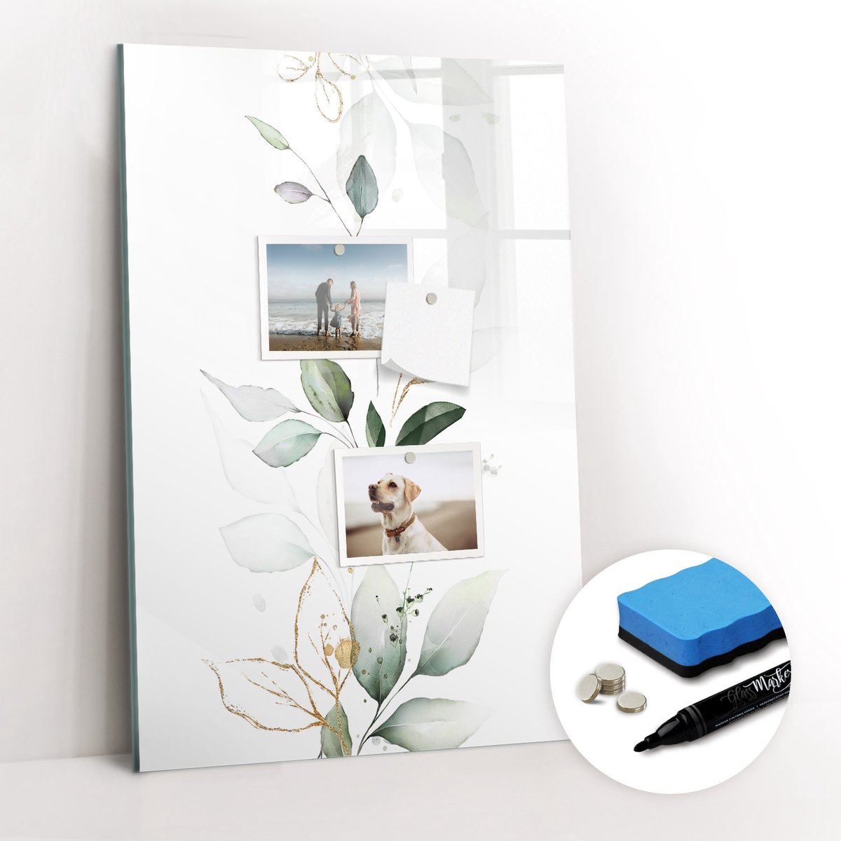 Tulup Whitebord - Aquarel plantenscheutbladeren - 40 x 60 cm - Wit Magnetic Board - Gratis 5 Sterke Magneten + Whiteboard Marker & Wisser - Industrieel Wandbord - Magneetbord Design - Productiviteit Tools