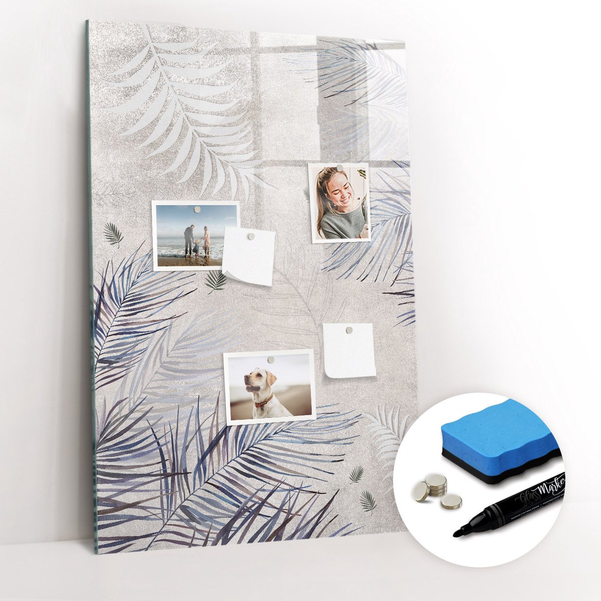Tulup Whitebord - Palmbladeren - 60 x 90 cm - Grijs Memo Magneetbord - Gratis 5 Sterke Magneten + Whiteboard Marker & Wisser - Interieur Accessoires Kantoor - Memo Magneetbord - Inspiratiebord Kantoor