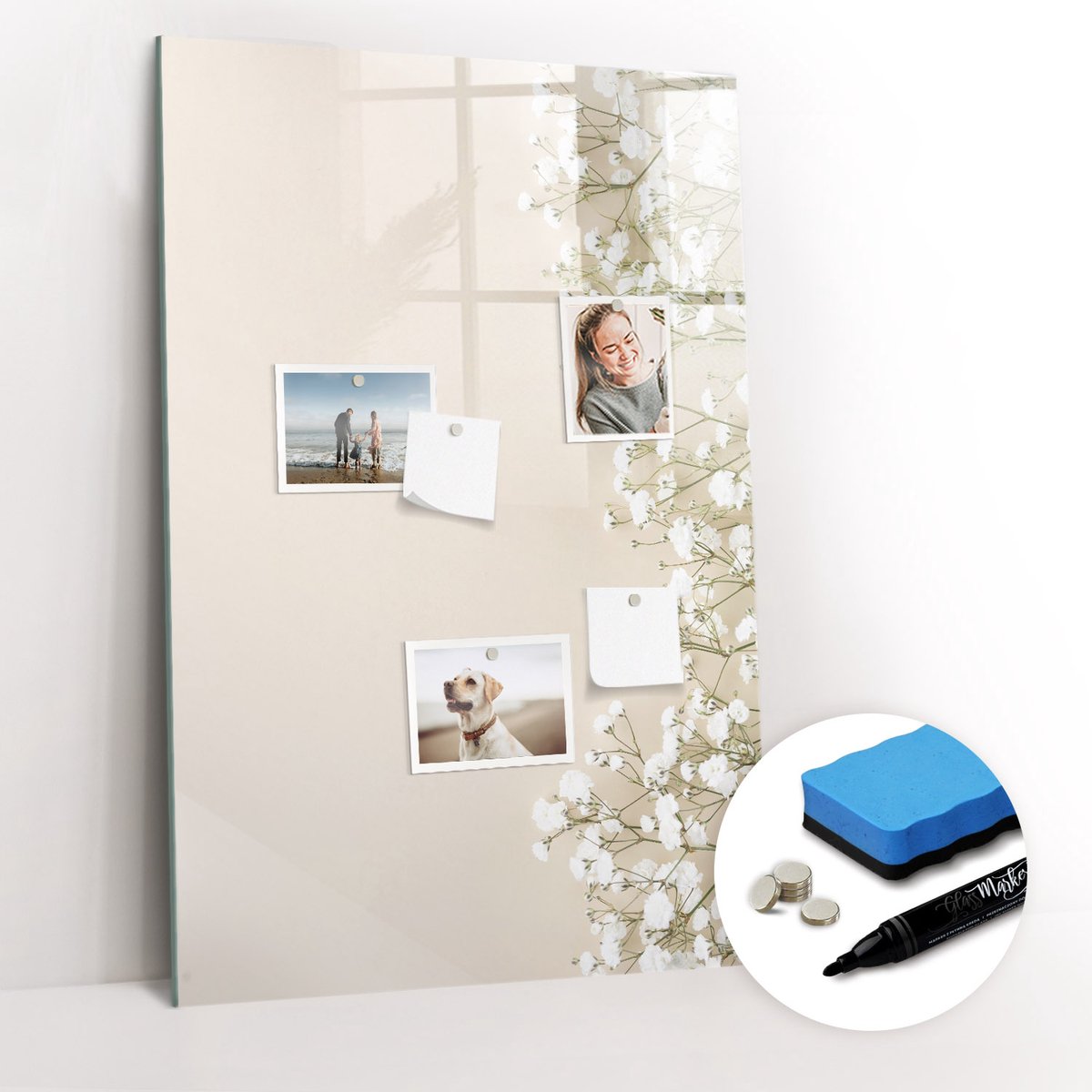Tulup Whitebord - Tere bloemen - 60 x 90 cm - Beige Magnet Board - Gratis 5 Sterke Magneten + Whiteboard Marker & Wisser - Minimalistisch Prikbord - Magneetbord Muur - Organiseer Je Bureau