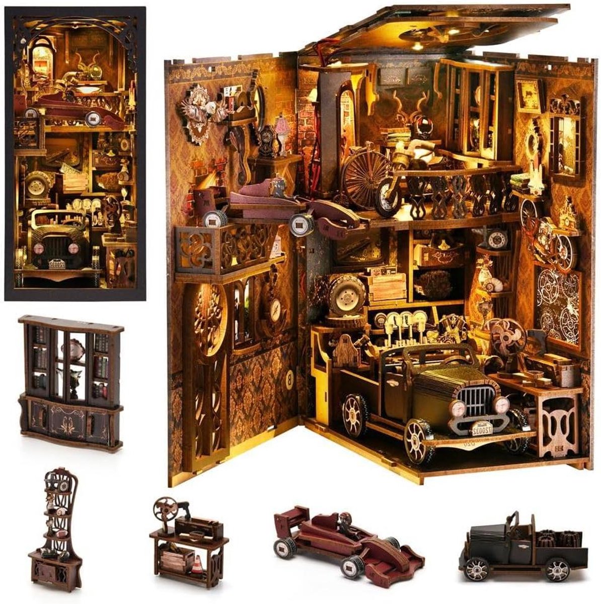 Boekenhoek Bouwpakket - Houten Puzzel - Boeken Decoratie - Met Licht - 18 x 23 x 11 cm - Houtkleur