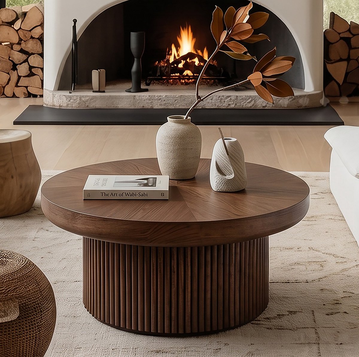 HAUSS SPOLE Salontafel - Ronde Fluted Koffietafel Met Parquet Blad - Voor Woonkamer En Kantoor - Hout En MDF - 78x78x38,5 Cm - Walnoot Walnut