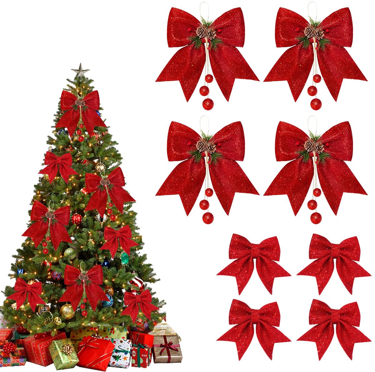 8 stuks kerststrikken slinger decoratie grote kerstboomstrikken rood glitter sequin boog grote kerstboom strikken kerststrikken voor thuis kerstfeest