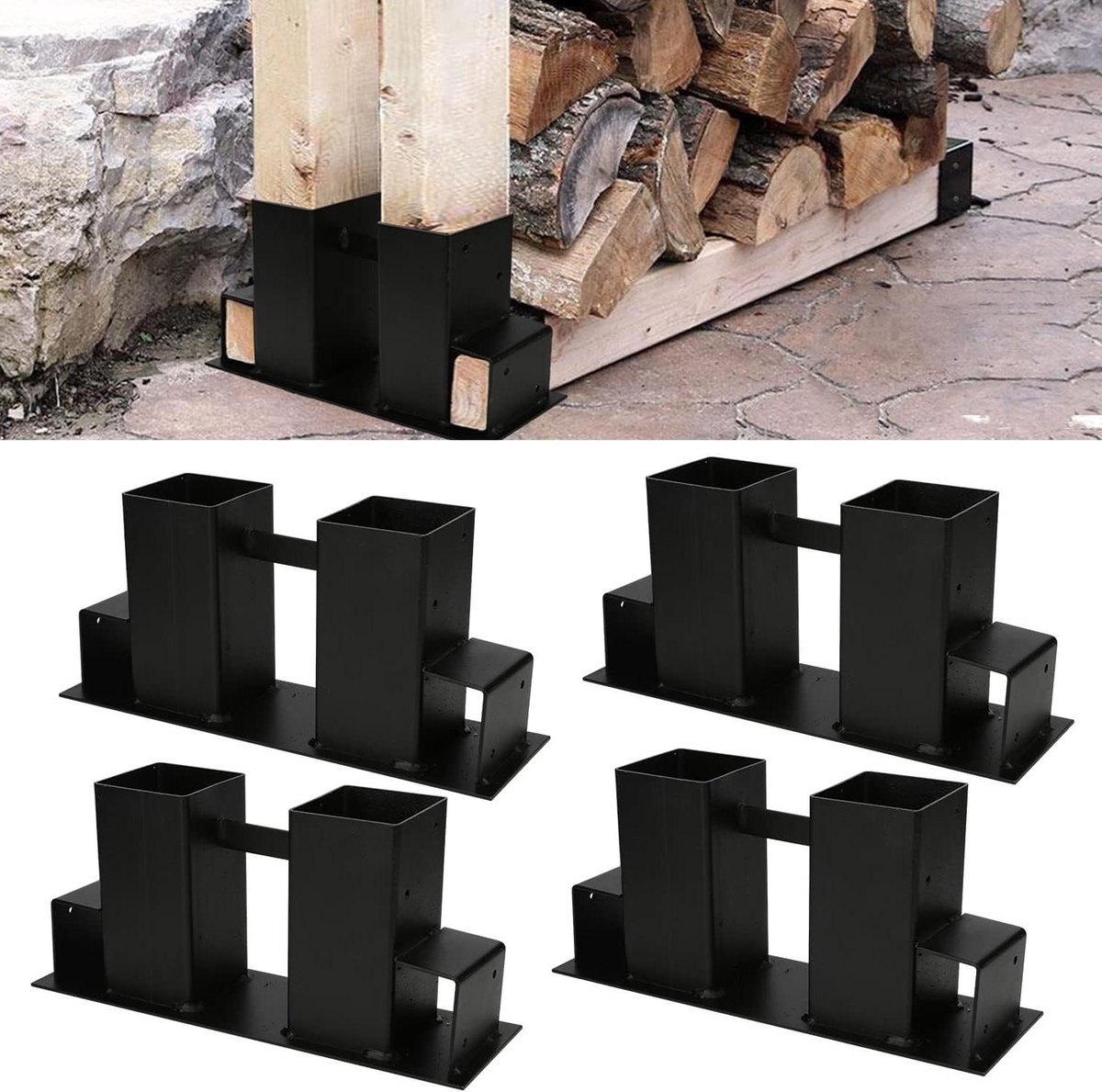 Hout Stapelhulp - Hout Opslag - Brandhout Organiseren - Verstelbare Hoogte Breedte - 4 Stuks - Zwart
