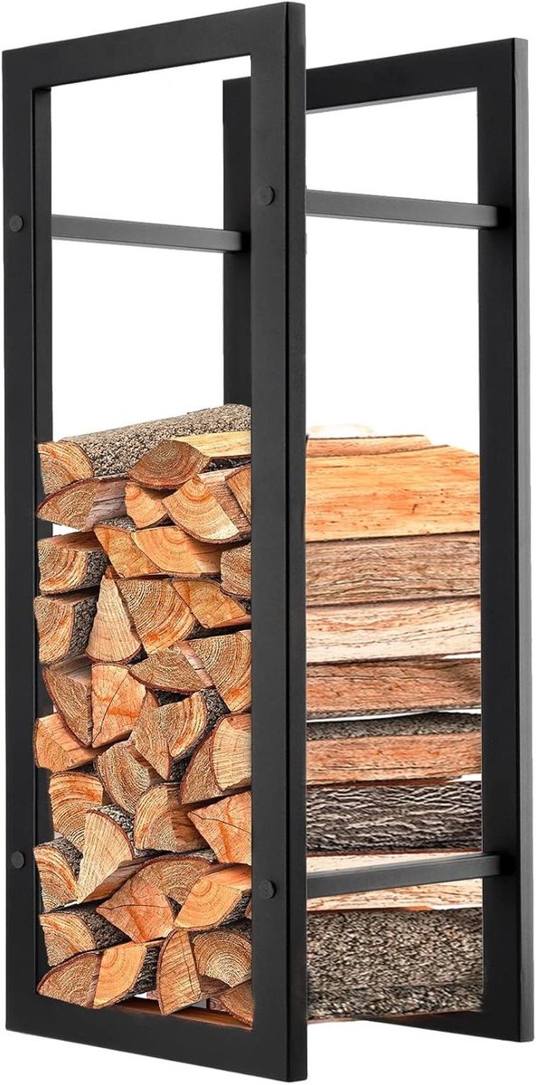Brandhoutrek Staal - Houtopslag Rek - Haardhout Opslag - Scandinavisch Design - 29 x 40 x 90 cm - Mat Zwart
