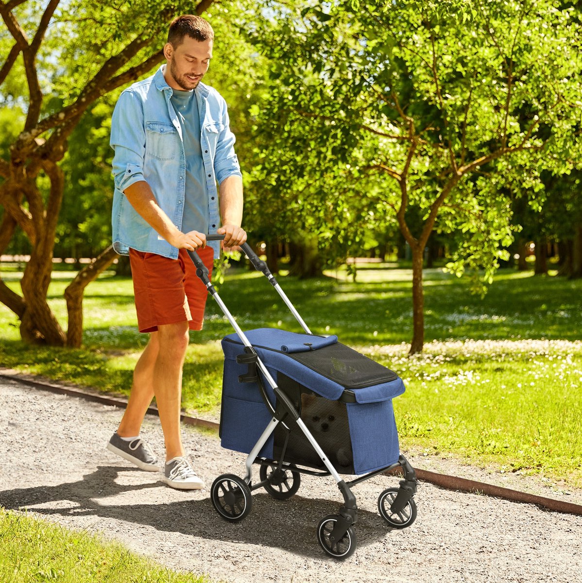 MEUNIQ Hondenbuggy opvouwbaar 80 x 48,5 x 106 cm aluminium huisdierbuggy tot 10 kg met netvensters, kussen, veiligheidslijn en opbergmand blauw