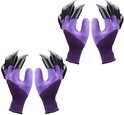 Paarse tuinhandschoenen met zwarte klauwen aan de vingers, ideaal voor graven.