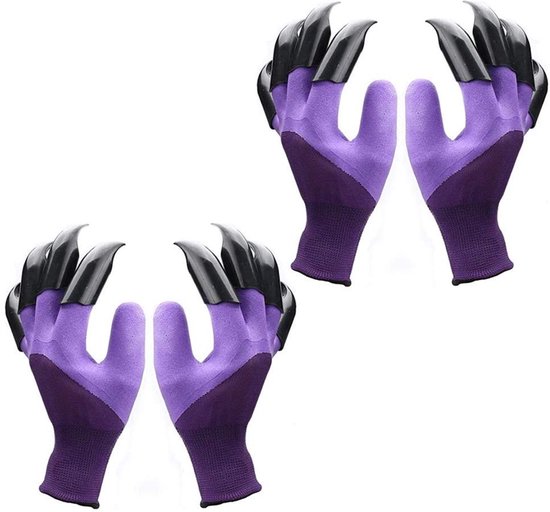Paarse tuinhandschoenen met zwarte klauwen aan de vingers, ideaal voor graven.