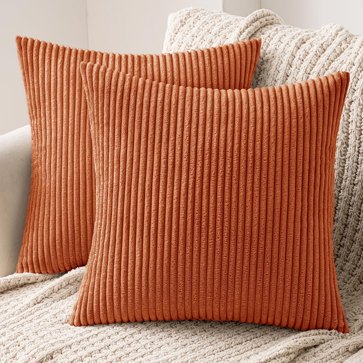 Set van 2 kussenslopen, corduroy, decoratieve kussensloop, bankkussen, sierkussen met verborgen ritssluiting, 45 x 45 cm, 18 x 18 inch, karamel