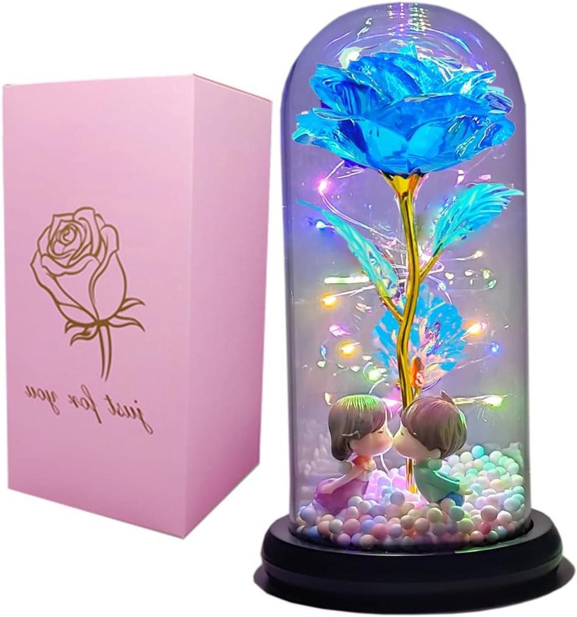 Kleurrijke Roos - Galaxy Bloem - Decoratief Cadeau - Met LED Verlichting - Hoogte 22 cm - Blauw