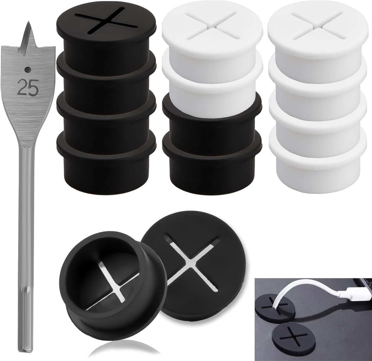 Flexibele Siliconen Kabelgeleider voor Bureau - 12 x 25 mm, Zwart en Wit, Desk Organizer, Kabelbeheer, Desk Accessoires