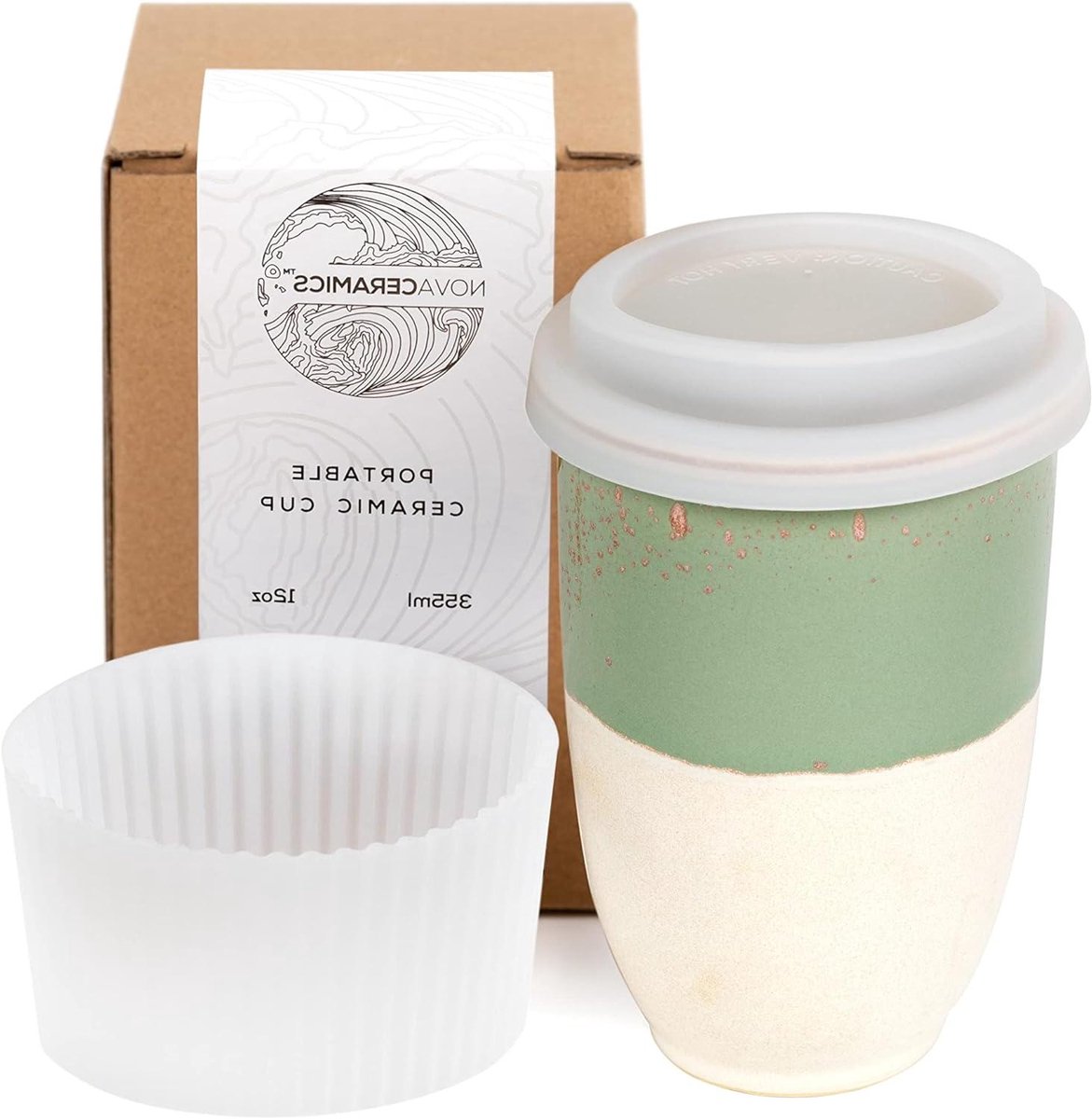 Keramische Mok - Reisbeker Deksel - Onderweg Dranken - Uniek Glazuur Proces - 355 ml - Groen Beige