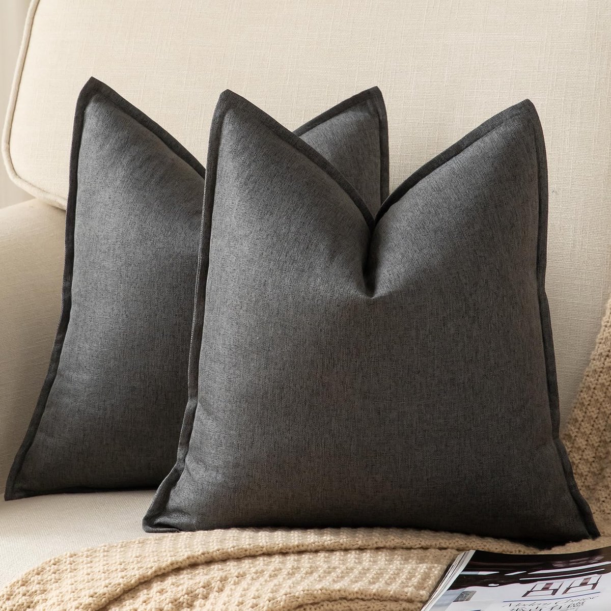 Kussenhoezen, 2-delige set, linnen, zuivere kleur, moderne kussenslopen, slaapkamer, bank, woonkamer, sierkussen, bed, kussenovertrek, bankkussen, 55 x 55 cm, donkergrijs