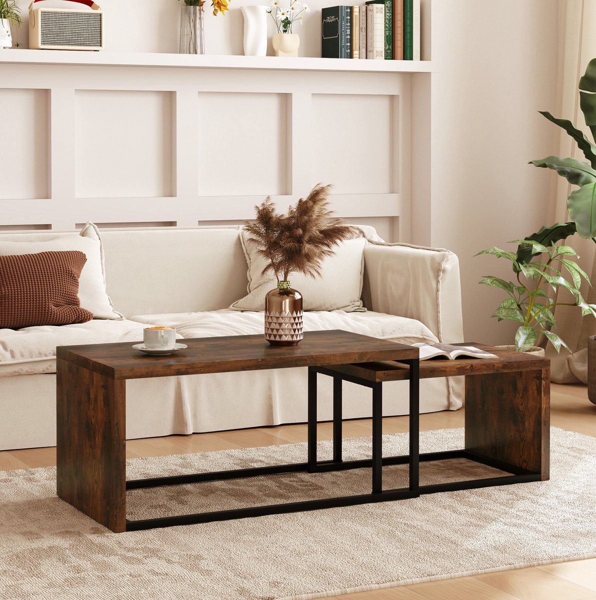 MEUNIQ Salontafel set van 2, rechthoekige nestbare bijzettafels voor woonkamer, slaapkamer of werkkamer, 90 x 48 x 42 cm, rustiek bruin met zwart frame