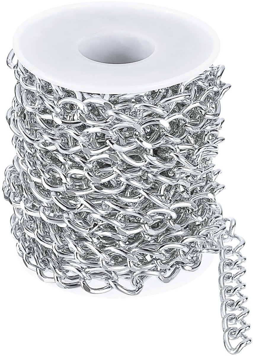 Schakelketting van aluminium, schakelketting op rol, voor knutselwerk, 11 x 8 x 1,85 mm, zilver