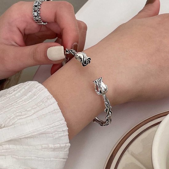 armband zilver vintage roos charme open manchet armband statement roos bloem geluk armband handketting boho hand band voor vrouwen en meisjes — afbeelding 3