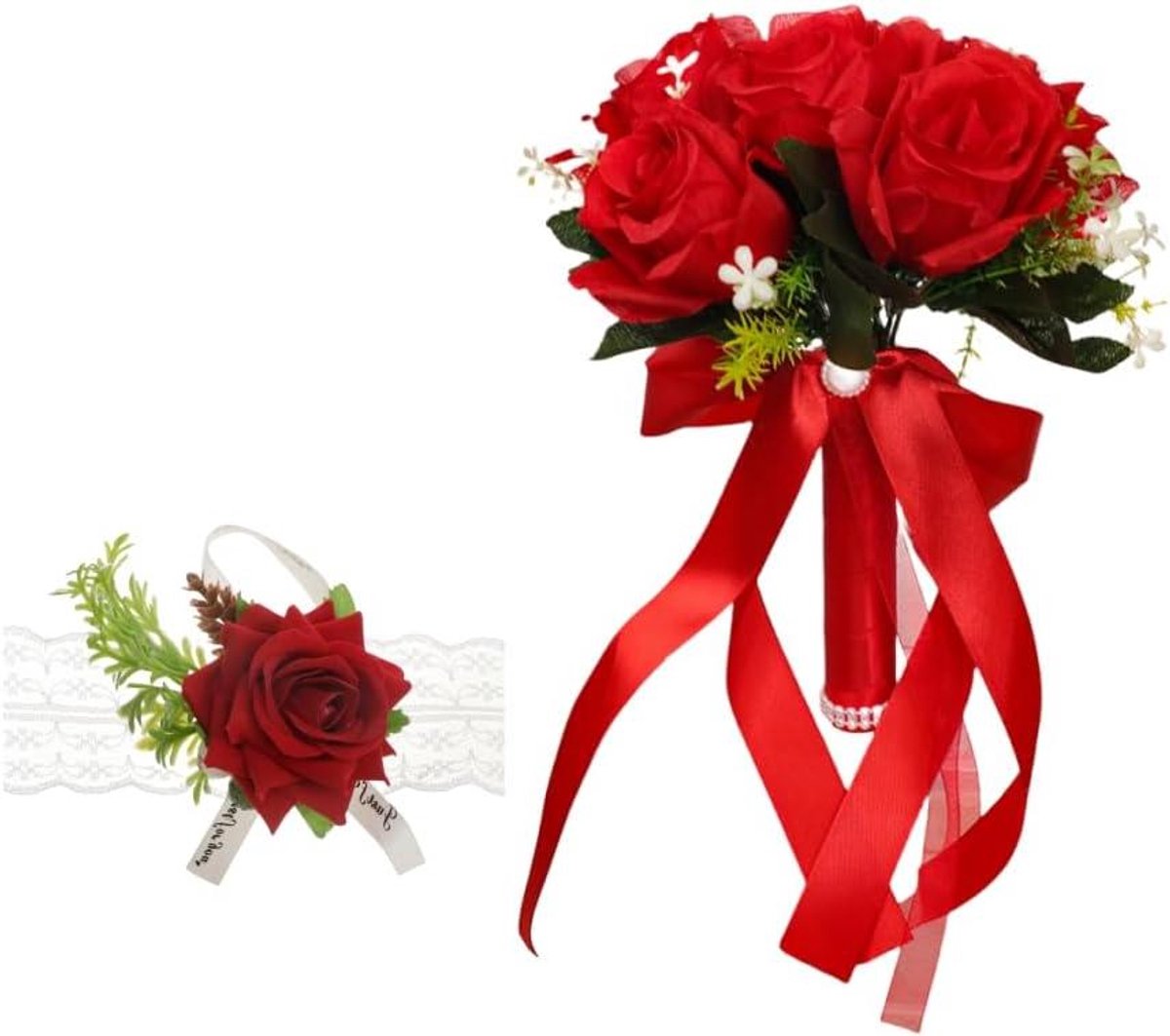 Bruidsboeket Polsbloemen - Kunstbloemen Set - Bruiloft Decoratie - Realistisch Zijde Materiaal - 20x24 cm - Rood