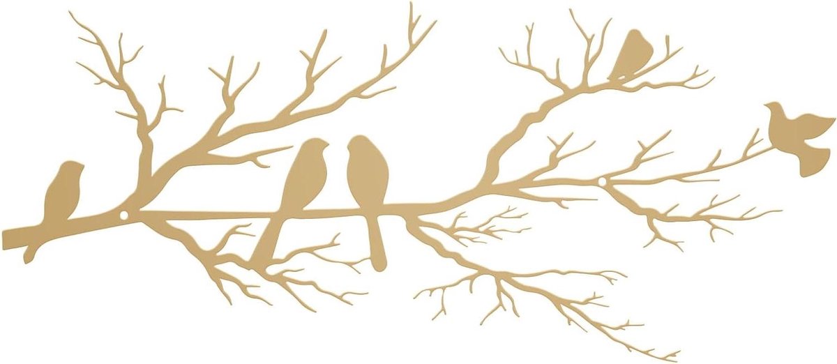 Metalen vogels muurkunst - Vogeldecoratie tak - Woonkamer verfraaien - Levendig design - 43 x 185 cm - Goud