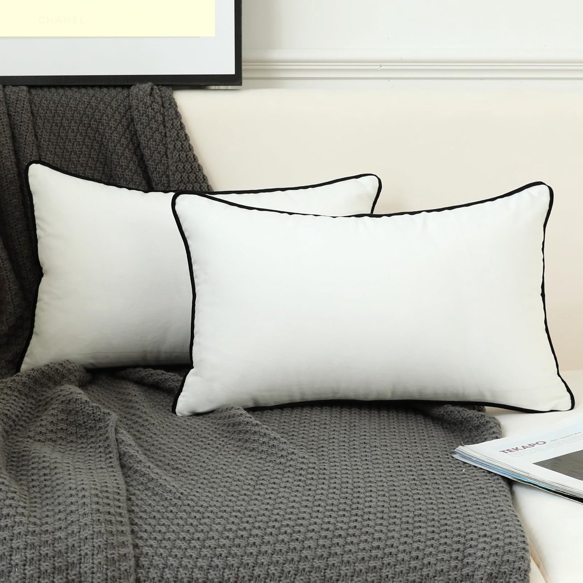 Set van 2 witte fluwelen lendenkussenslopen moderne minimalistische stijl effen decoratieve zwarte touw rand zachte rechthoek kussenslopen voor sofa slaapkamer party decor, 32 x 50 cm