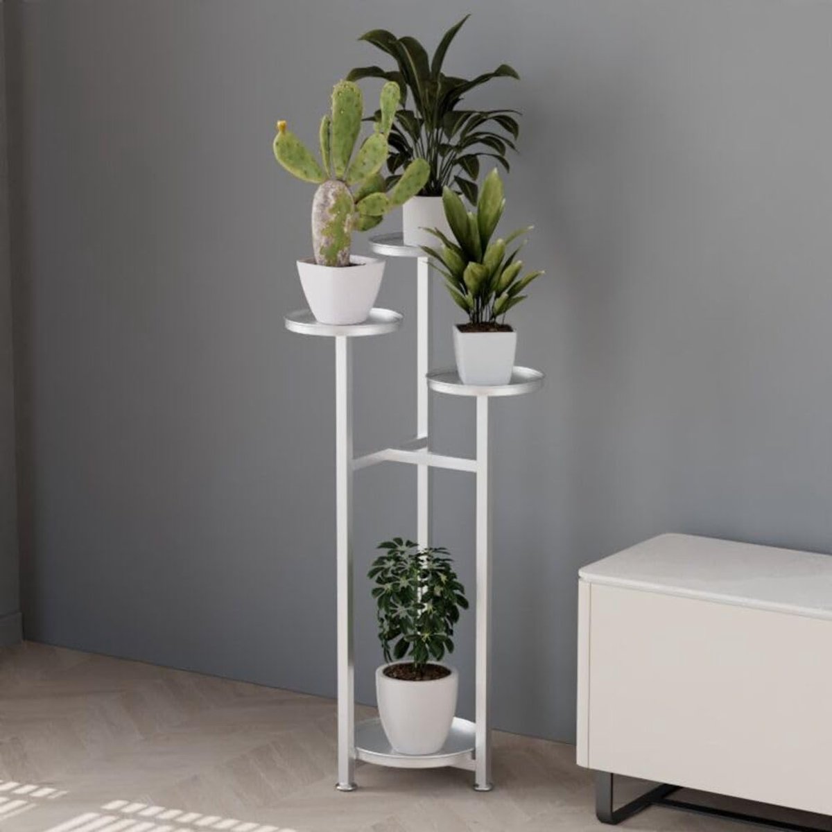 Metalen plantenstandaard, bloempotstandaard, meerdere verdiepingen, plantenrek, bloemenrek, plantentrap voor kamerhoek, woonkamer, balkon, terras, binnenplaats, wit, 100 cm