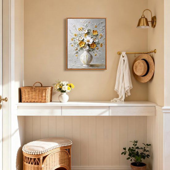 Print op canvas met modern frame, wit, geel, beige, bloemen, schilderijen op canvas, poster, bloemen, botanische planten in pot, moderne foto's, poster, wandprint, woonkamer, slaapkamer, 30 x 40 cm — afbeelding 3