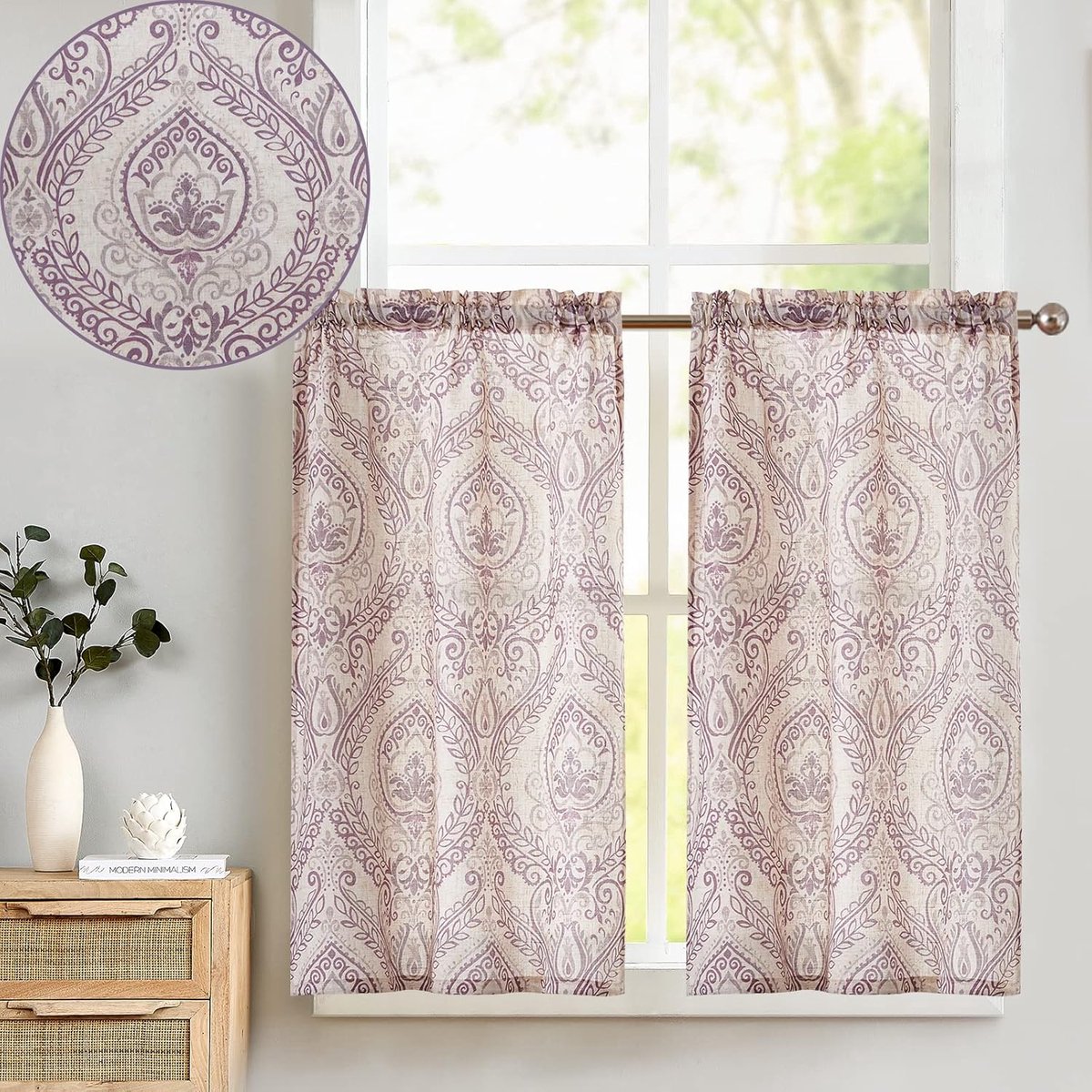 Vitrage, linnen, gordijn, vintage, bistrogordijn, landhuisstijl, bloemen, bedrukt gordijn, gebloemd, vitrage, ondoorzichtig, voor keuken, woonkamer, landhuis, set van 2, paars op beige, 65 x
