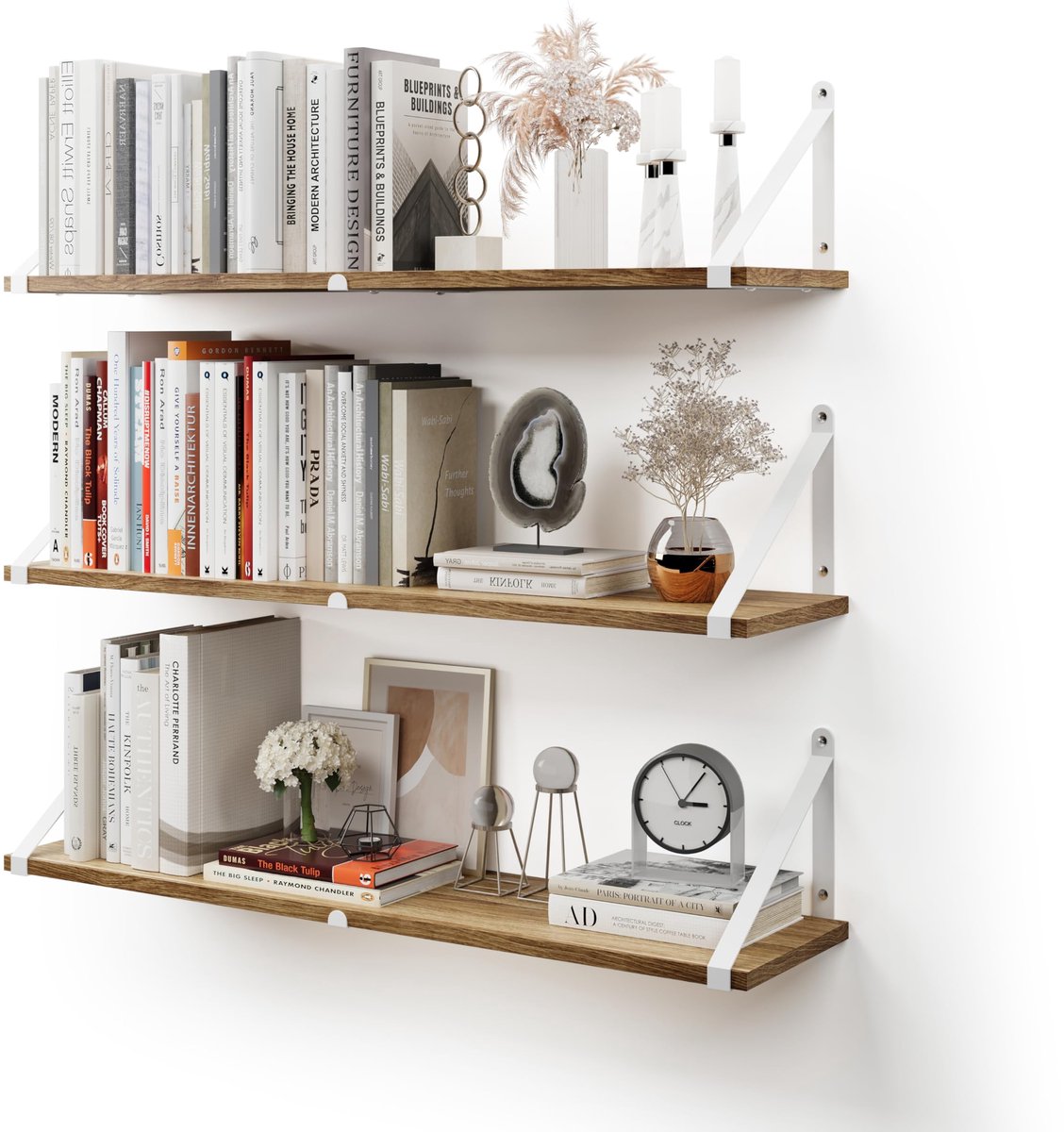 Set van 3 Zwevende Wandplanken Rustiek Hout met Metalen Beugels - Boekenkast voor Woonkame