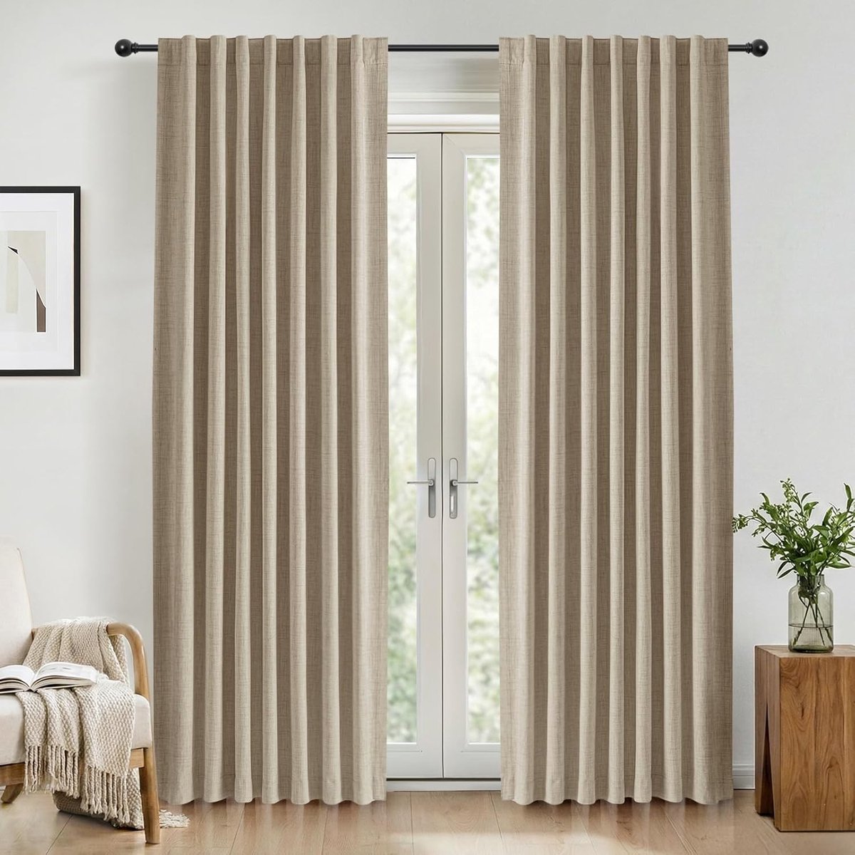 100% Verduisterende Gordijnen 2 Stuks, Linnenlook Gordijnen Thermisch Gordijn Koudewerende Ondoorzichtige Gordijnen, Warme Taupe Gordijnen voor Woonkamer Slaapkamer, H 260 x B 140 cm